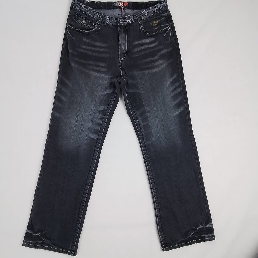 Akademiks 90's Style Hip Hop Jeans Size 36x32 in Faded Black w/ Egyptian Theme‎